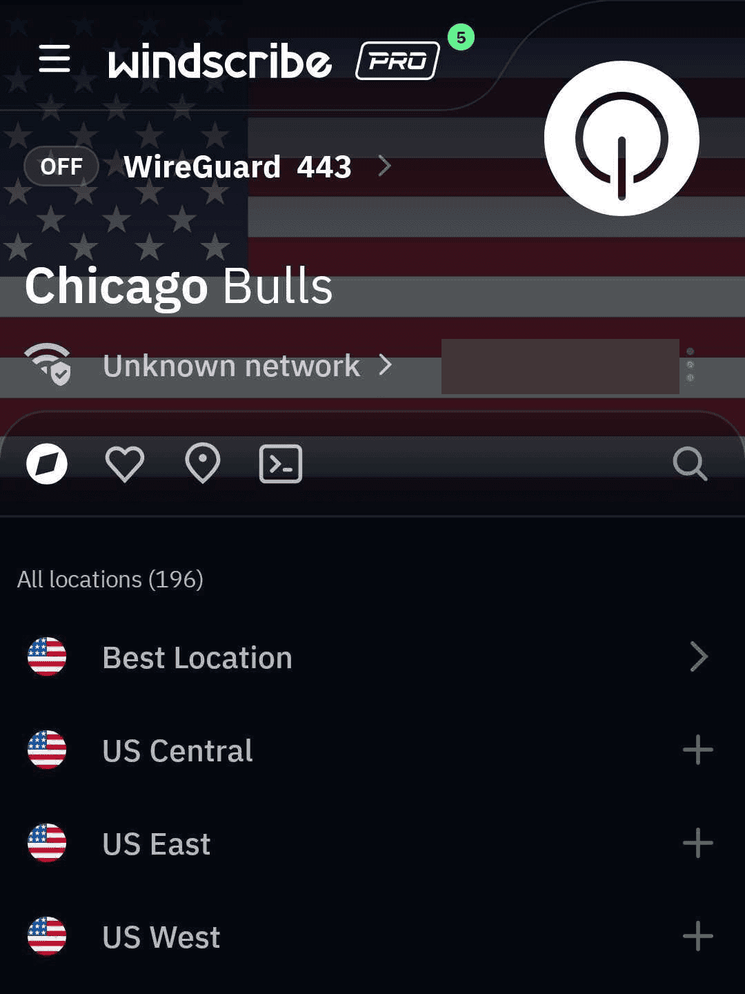 Windscribe-Standortbildschirm unter Android bei getrennter Verbindung und unkenntlich gemachter öffentlicher IP-Adresse