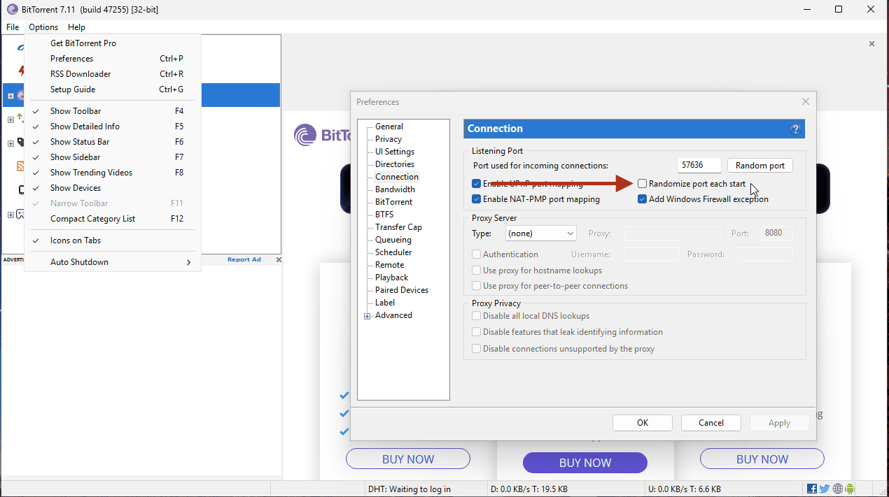 BitTorrent Classic Connection preferences with the Randomize port each time BitTorrent starts option unchecked