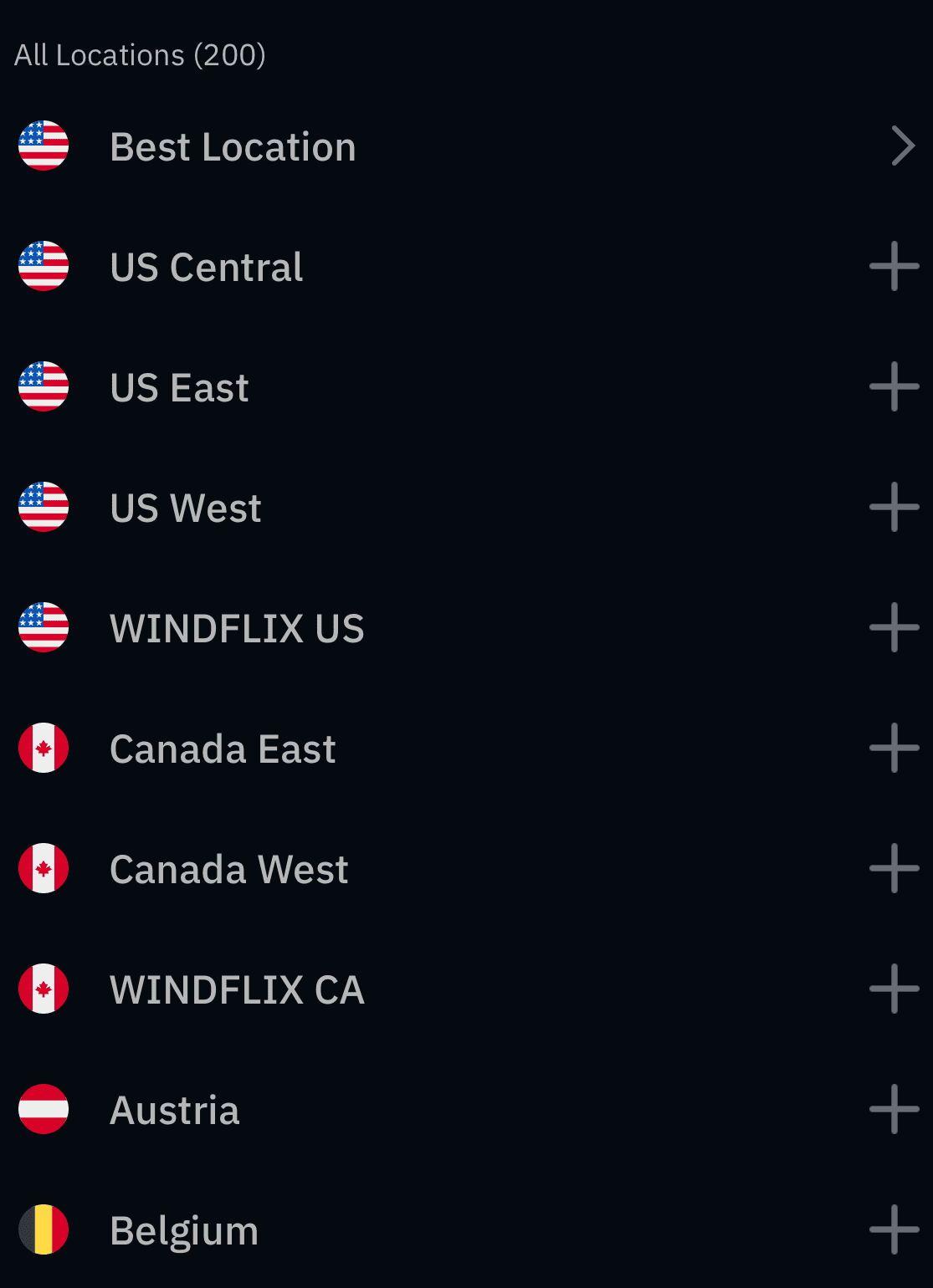 Windscribe-Standortliste auf dem iPhone mit Regionen und Standortgruppen