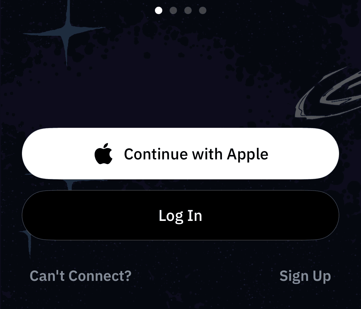 Windscribe-Willkommensbildschirm auf dem iPhone mit den Optionen Continue with Apple, Log In und Sign Up