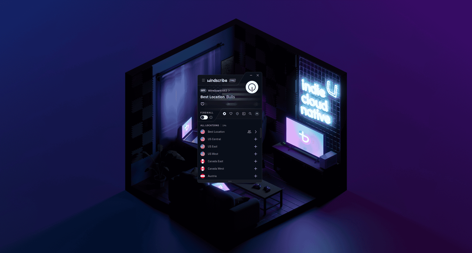 Getrennte Windscribe Desktop App mit geöffneter Liste der VPN-Standorte