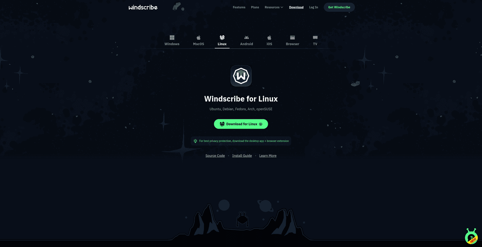Windscribe-Downloadseite mit ausgewähltem Linux und sichtbarer Schaltfläche Download for Linux