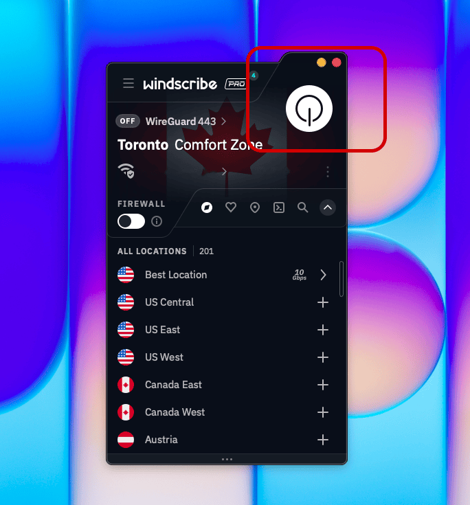 Hervorgehobener Windscribe-Ein-/Aus-Button