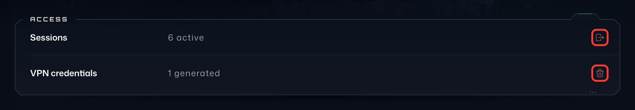 The Access card under Security, with the Log out all icon on the Sessions row and the Delete icon on the VPN credentials row highlighted