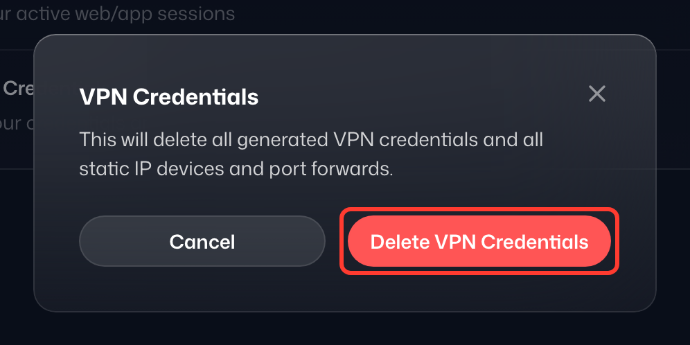 The VPN Credentials confirmation dialog, with Delete VPN Credentials highlighted