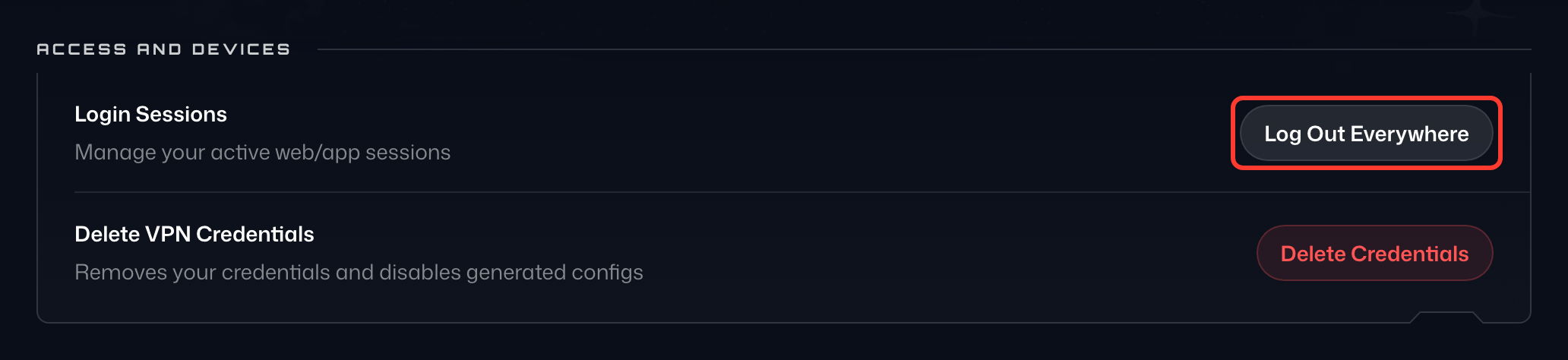 The Access and Devices card on the Security tab, with Log Out Everywhere highlighted