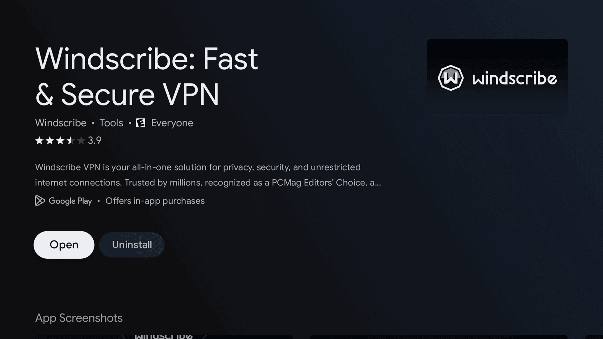 Eintrag der Windscribe-App im Google Play Store auf einem TCL-Fernseher