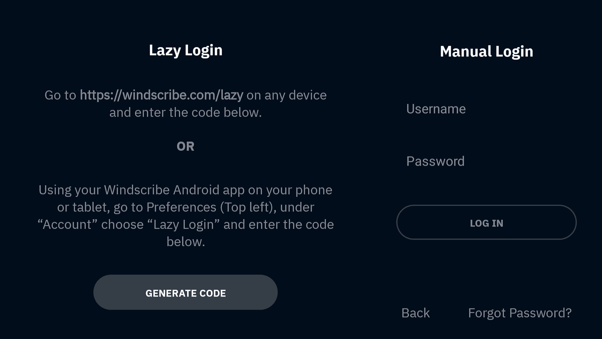 Optionen Lazy Login und Manual Login von Windscribe auf einem TCL-Fernseher